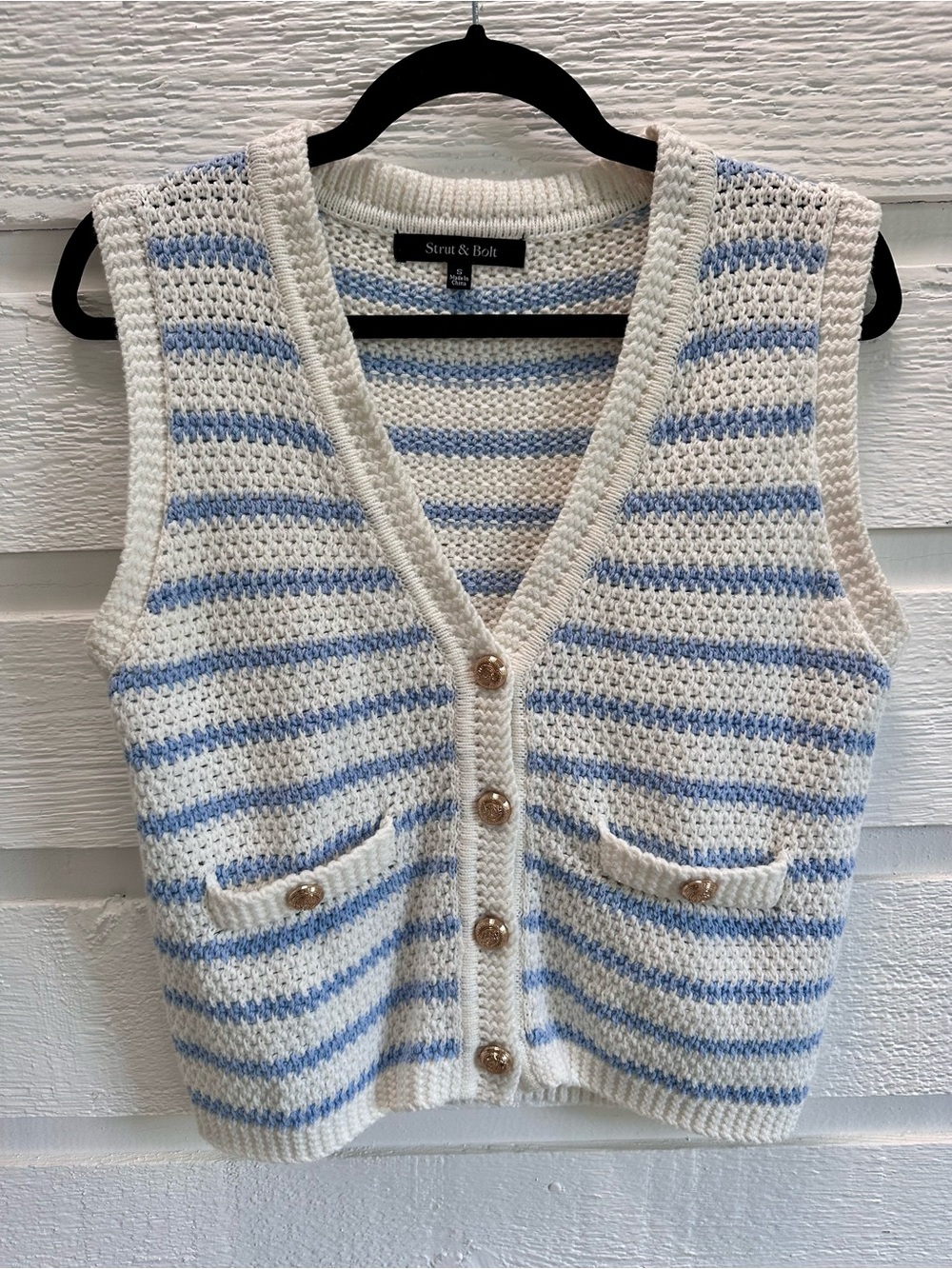 Strut & Bolt Cream and Light Blue Striped V-Neck Sweater Vest